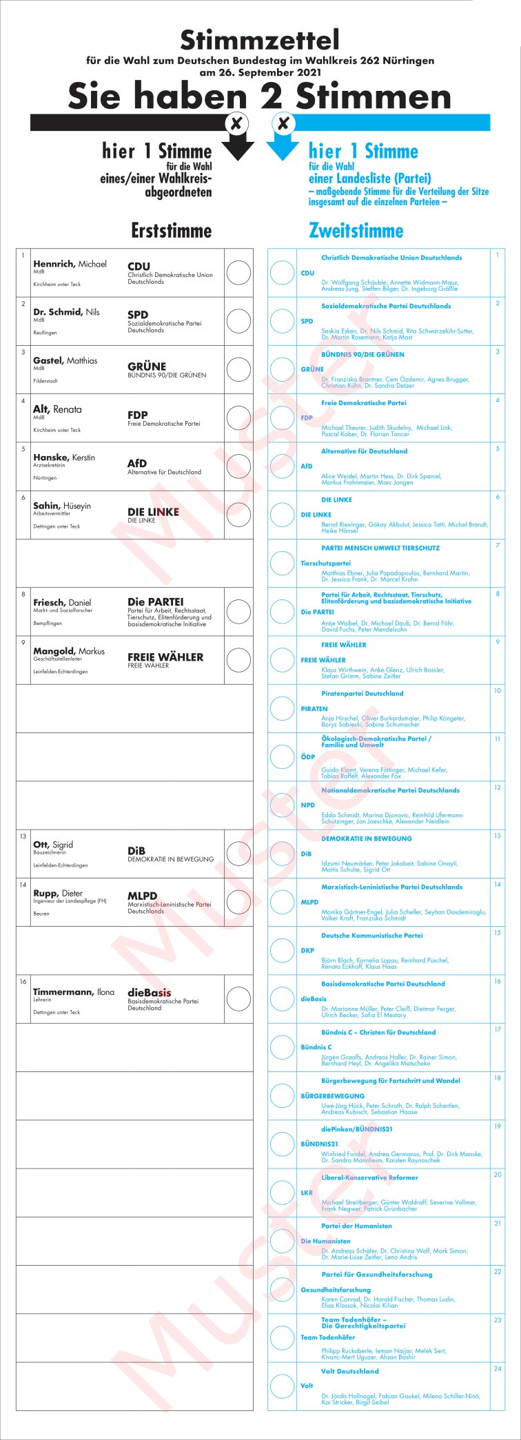 Muster des amtlichen Stimmzettels für die Wahl zum Deutschen Bundestag im Wahlkreis 262 Nürtingen am 26 September 2021