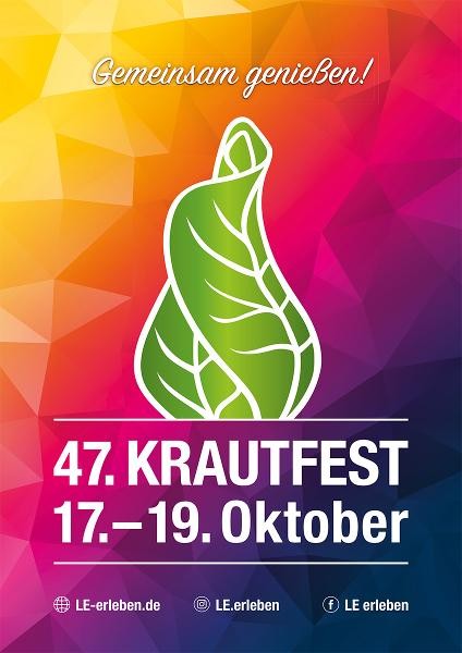 Plakat des 47. Krautfests mit grünem Kohl-Symbol, dem Motto „Gemeinsam genießen!“ und den Terminen 17.–19. Oktober.