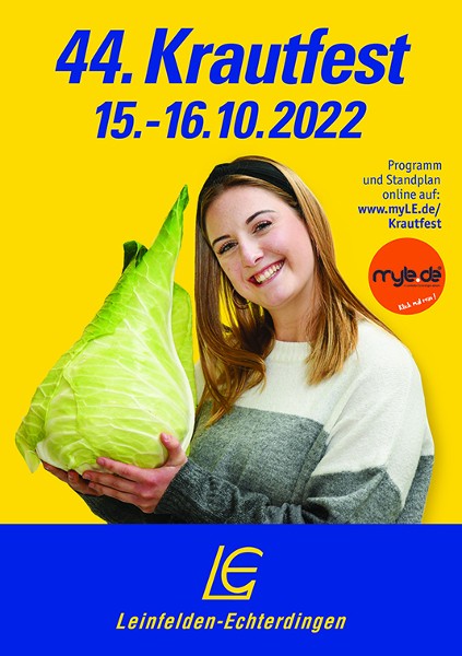 Offizielles Krautfestplakat 2022 mit junger Frau, die einen Krautkopf in den Händen hält