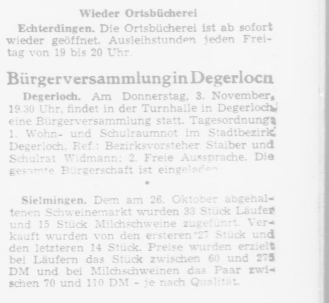 Notiz über Wiedereröffnung der Ortsbücherei, Filderzeitung 29.10.1949