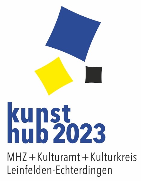Blau-weiß-gelb-schwarzes Logo „kunsthub 2023“