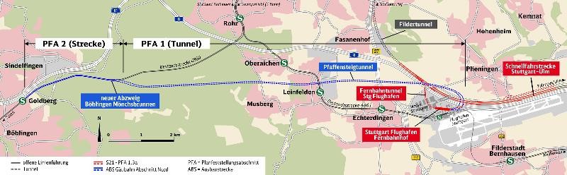 Stuttgart 21 am Landesflughafen Übersichtsplan mit Streckenverlauf des Pfaffensteigtunnels