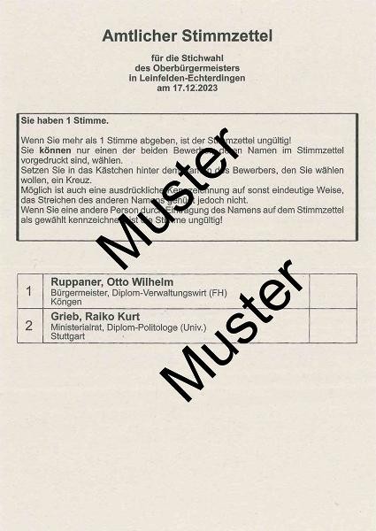 Muster-Stimmzettel zur OB-Stichwahl 2023 in Leinfelden-Echterdingen
