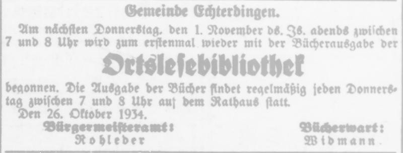 Bekanntmachung der Ortslesebibliothek im Filderboten vom 28.10.1934