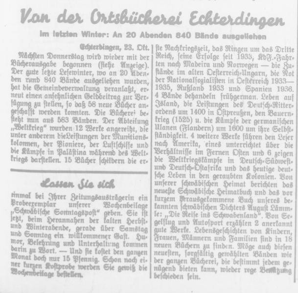 Bericht über die Bibliothek im Filderboten vom 23.10.1937