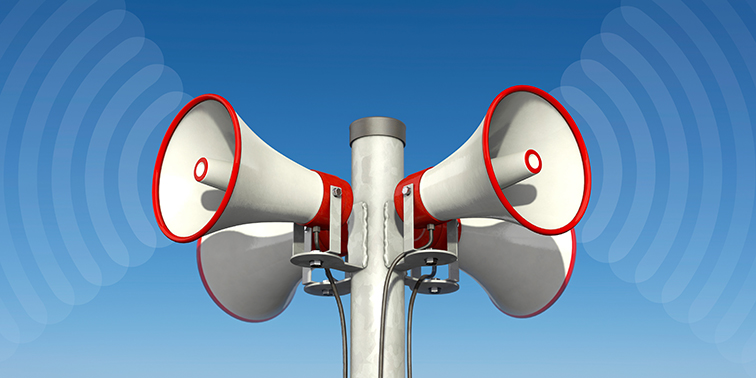 Grafische Darstellung einer Sirene mit 4 Lautsprechern in alle Richtungen