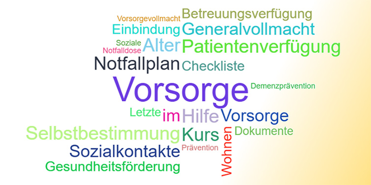 Wortwolke zum Thema „Vorsorge“ mit Begriffen wie Patientenverfügung, Notfallplan, Selbstbestimmung und Gesundheitsförderung.