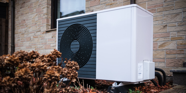 Eine weiße Wärmepumpe vor einem Einfamilienhaus