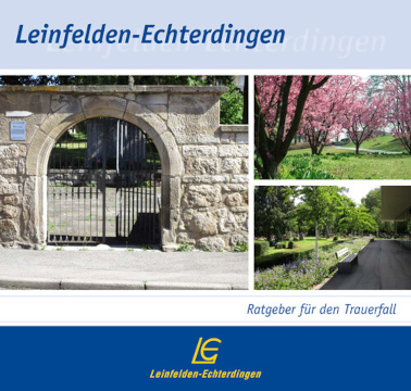 Cover des Ratgebers für den Trauerfall mit LE-Logo und diversen Fotos aus LE