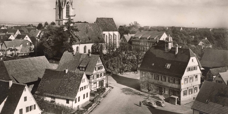 Sanierungsgebiet „Historische Mitte Echterdingen“ Alter Ortskern von Echterdingen, 1955 | Foto: Stadtarchiv LE