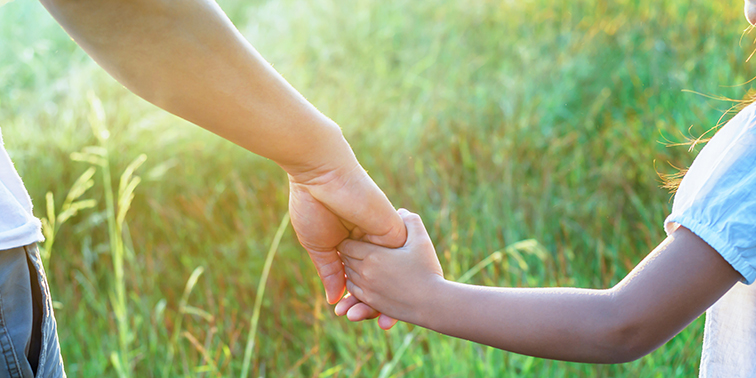 Ein Erwachsener hält die Hand eines Kindes in einer sonnigen Wiese – ein Symbol für Vertrauen, Schutz und Verbundenheit.
