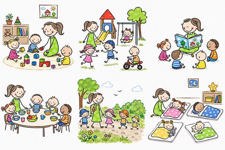 Betreuungsmodell LE Illustration einer Kindertagespflege mit spielenden Kindern und betreuenden Erwachsenen.