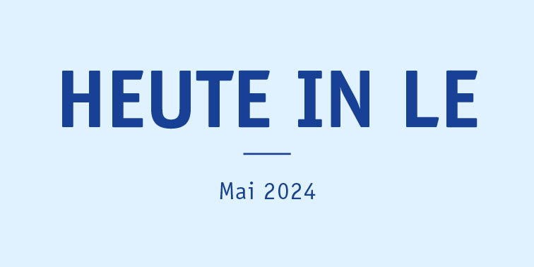 Logo „HEUTE IN LE“ – dunkelblaue Schrift auf hellblauen Hintergrund