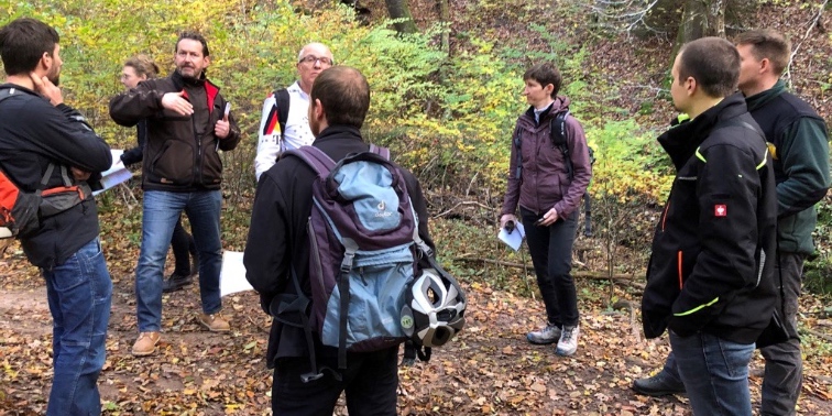Mountainbike Eine Personengruppe bei einer Begehung im Wald