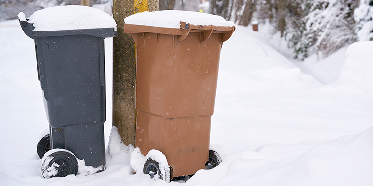 Zwei verschneite Mülleimer stehen im Schnee