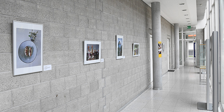 Volkshochschule Leinfelden-Echterdingen Ein Gang mit Fotokunstwerken an der Wand innerhalb der Volkshochschule