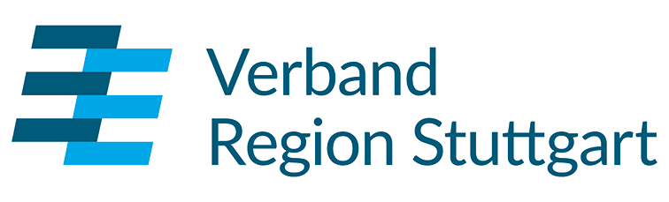 Logo des Verbands Region Stuttgart mit stilisiertem, gestapeltem Balkendesign in Blautönen und Schriftzug "Verband Region Stuttgart" in blauer Schrift.