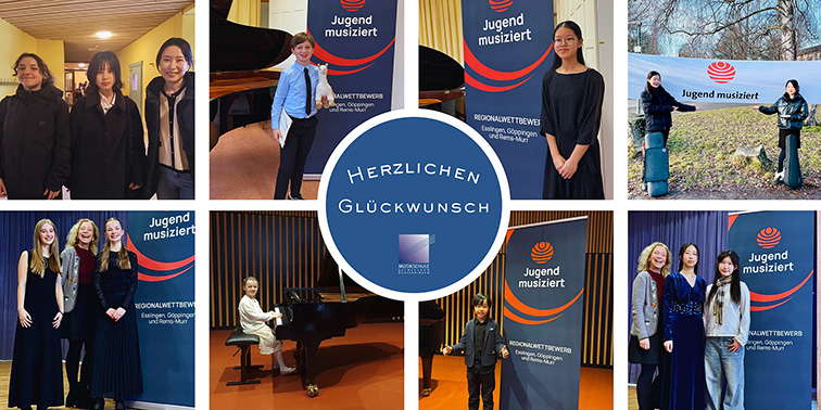 Junge Talente der Musikschule glänzen bei „Jugend musiziert“ Glückwunsch-Grafik der Musikschule Leinfelden-Echterdingen mit Fotos junger Musikerinnen und Musiker beim Wettbewerb „Jugend musiziert“, darunter eine Pianistin am Flügel. Collage: Musikschule LE