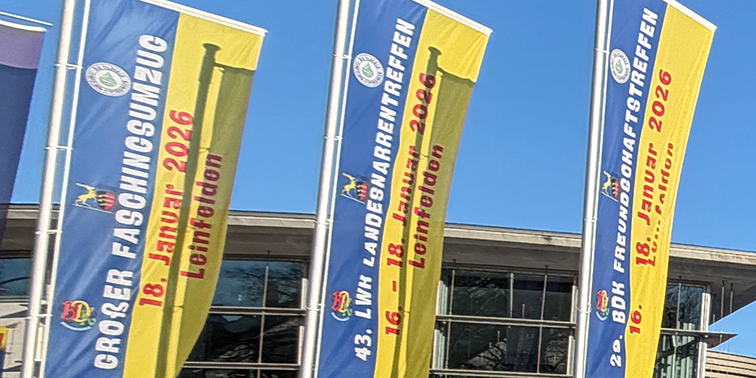Drei bunte Fahnen vor einem Gebäude, die für Fasching 2026 und das Landesnarrentreffen in Leinfelden werben.