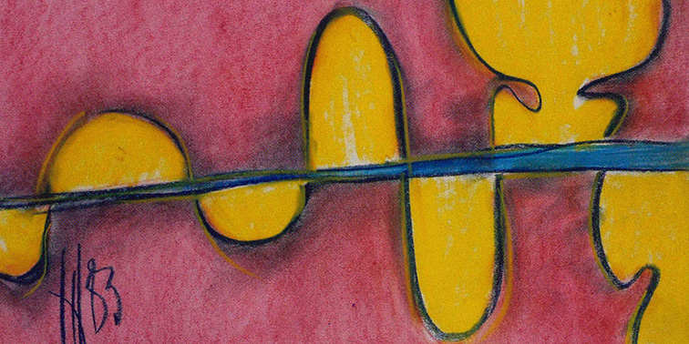Kunstwerk mit abstrakten gelben Formen auf pink-rotem Hintergrund