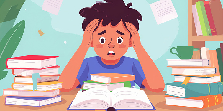 Gestresster Schüler sitzt mit vielen Büchern am Schreibtisch und hält sich den Kopf.