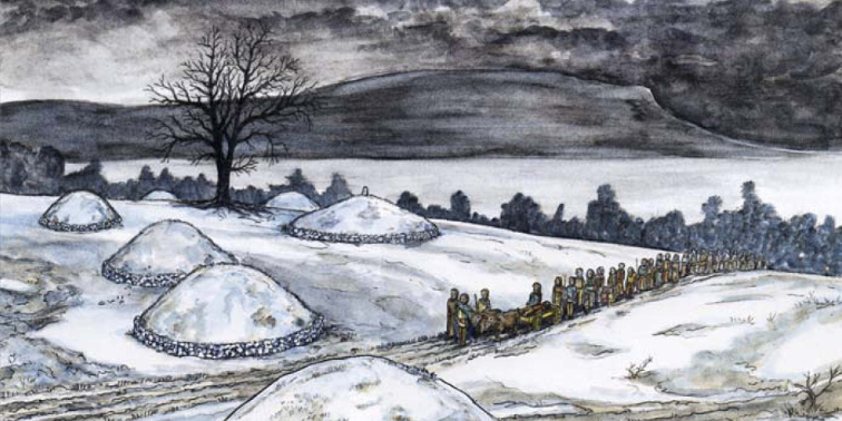 Landschaft in der späten Hallstattzeit, wo die Menschen ihre Toten immer noch in Hügeln bestatten. Diese waren jetzt aber größer und enthielten mehrere Individuen.