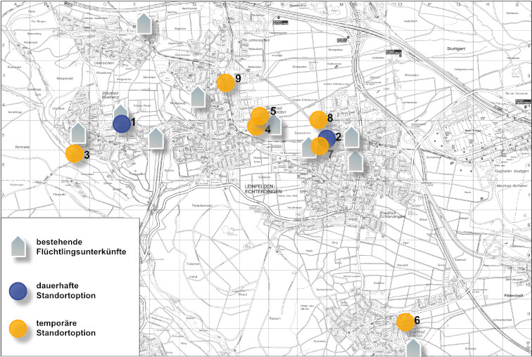 Stadtplan von Leinfelden-Echterdingen mit möglichen Standorten zur Flüchtlingsunterbringung