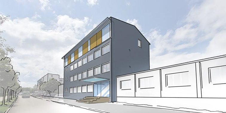 Eine moderne Gebäudeillustration mit einem mehrstöckigen Haus im Vordergrund, realistisch dargestellt, während die Umgebung skizzenhaft gezeichnet ist.