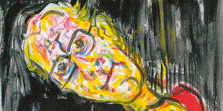 Expressionistisches Gemälde eines stilisierten Gesichts in leuchtenden Gelb-, Pink- und Rottönen mit dunklen Konturlinien vor einem schwarz-grau gestreiften Hintergrund