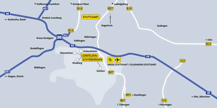 Karte mit Wege- Straßennetz auf dem Gebiet der Stadt Leinfelden-Echterdingen