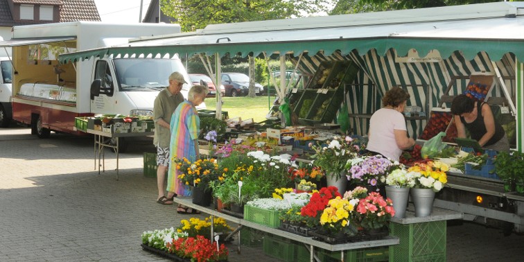 Blumenstand mit Verkäuferin und Kunden auf einem Wochenmarkt
