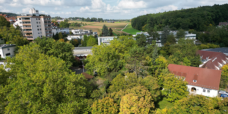 Wohngebiet mit vielen Gebäuden und grünen Bäumen im Stadtteil Musberg