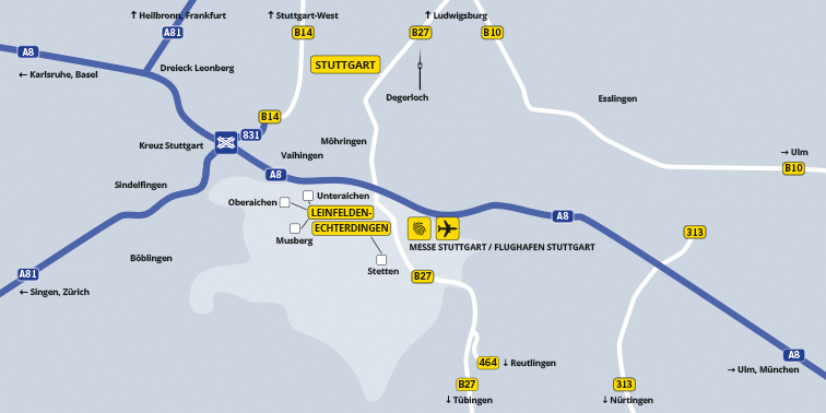 LE: Bestens angebunden und vernetzt Karte mit Wege- Straßennetz auf dem Gebiet der Stadt Leinfelden-Echterdingen