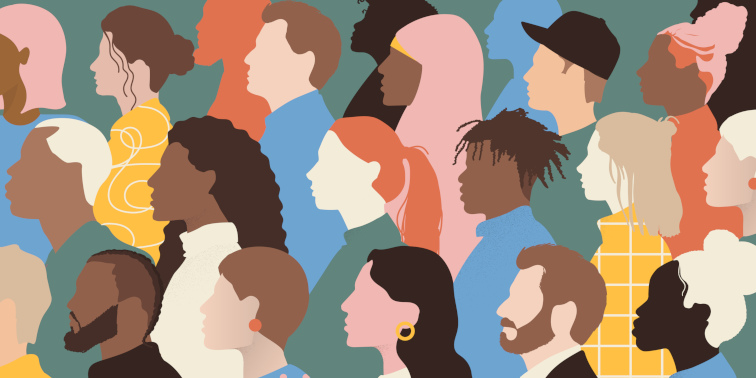 Illustration: viele diverse Menschen im Profil, unterschiedliche Hautfarben, Frisuren und Kleidung, dicht nebeneinander.