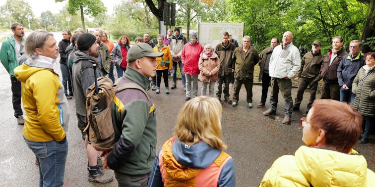 Eine Gruppe von Menschen steht im Wald auf einem Weg beisammen, hört einem Förster mit Rucksack bei einer Waldbegehung aufmerksam zu.